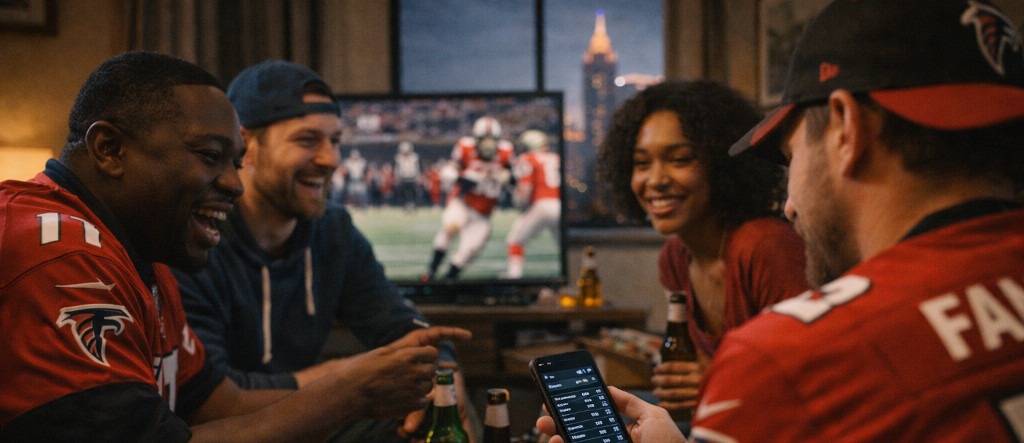 Atlanta sports fan watching a game at home while checking stats on a smartphone with city skyline in background